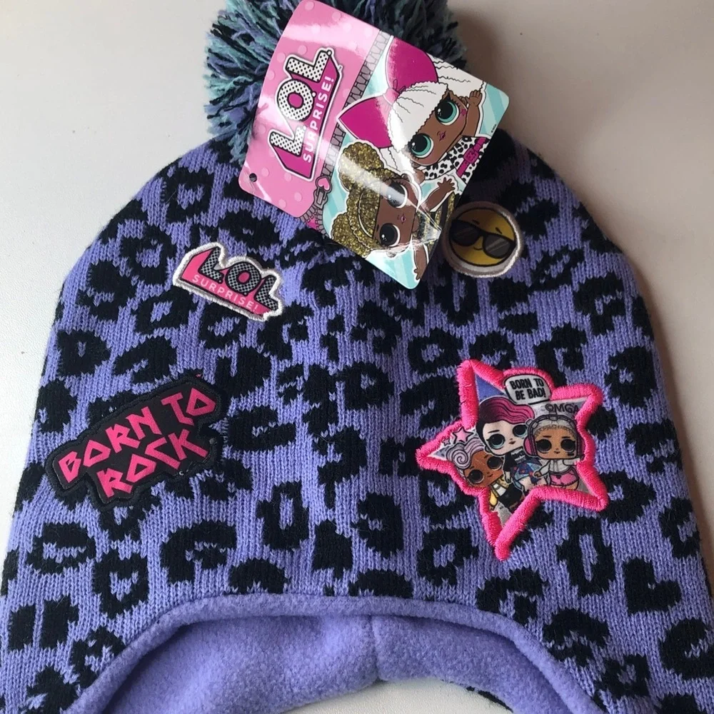 Lol Surprise! Born To Rock Hat Kids Purple Cheetah Winter Hat with Pom Pom NWT
